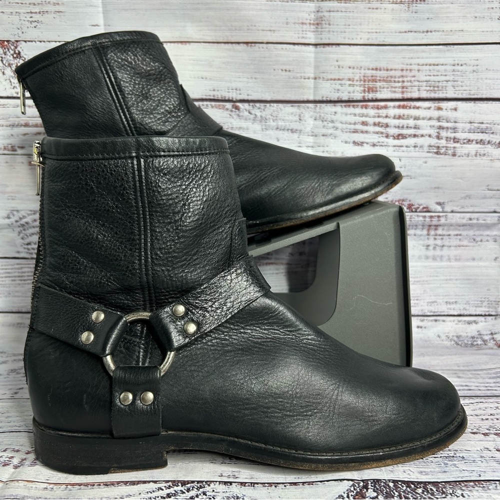 Frye Phillip Black Leather Harness Ankle Boots Womens 7.5 Biker Bootie 3471367